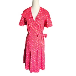 Vintage Wrap Dress Red Floral Flutter Sleeve Wrap Belt Wide Collar Handmade - Picture 1 of 24