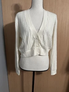One Grey Day NWT Ivory Lightweight Cable Knit Cardigan, Silk Blend, Size Medium - Picture 1 of 9