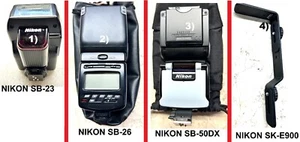 NIKON'S Camera Flash, Nikon SB-23, Nikon SB-26, Nikon SB-50DX, Nikon SK-E900 - Picture 1 of 17