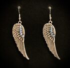 Silver Coloured Dangle Earrings, Angel Wings With Blue Diamantés Retro, Witch