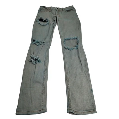 Pantalones de mezclilla para hombre Rude Brand Y2K botón mosca verde azulado lavado ácido destruidos 28x32 Foto 1 de 4