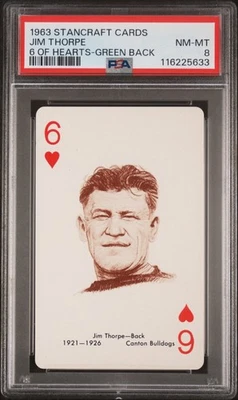 JIM THORPE 1963 STANCRAFT PLAYING CARDS GREEN BACK 6 HEARTS PSA 8 RARE HOF POP 2 - Image 1 of 4