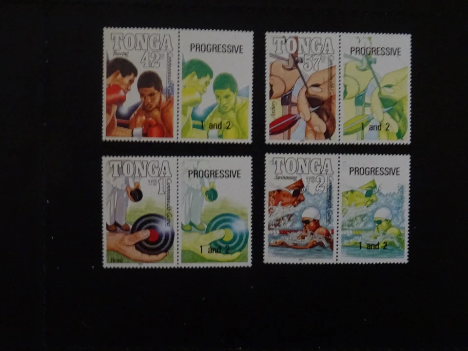 Estampillas de Tonga SG1065/68 Juegos de la Commonwealth Auckland 4+4 etiquetas (progresivas) 1990 Foto 1 de 4