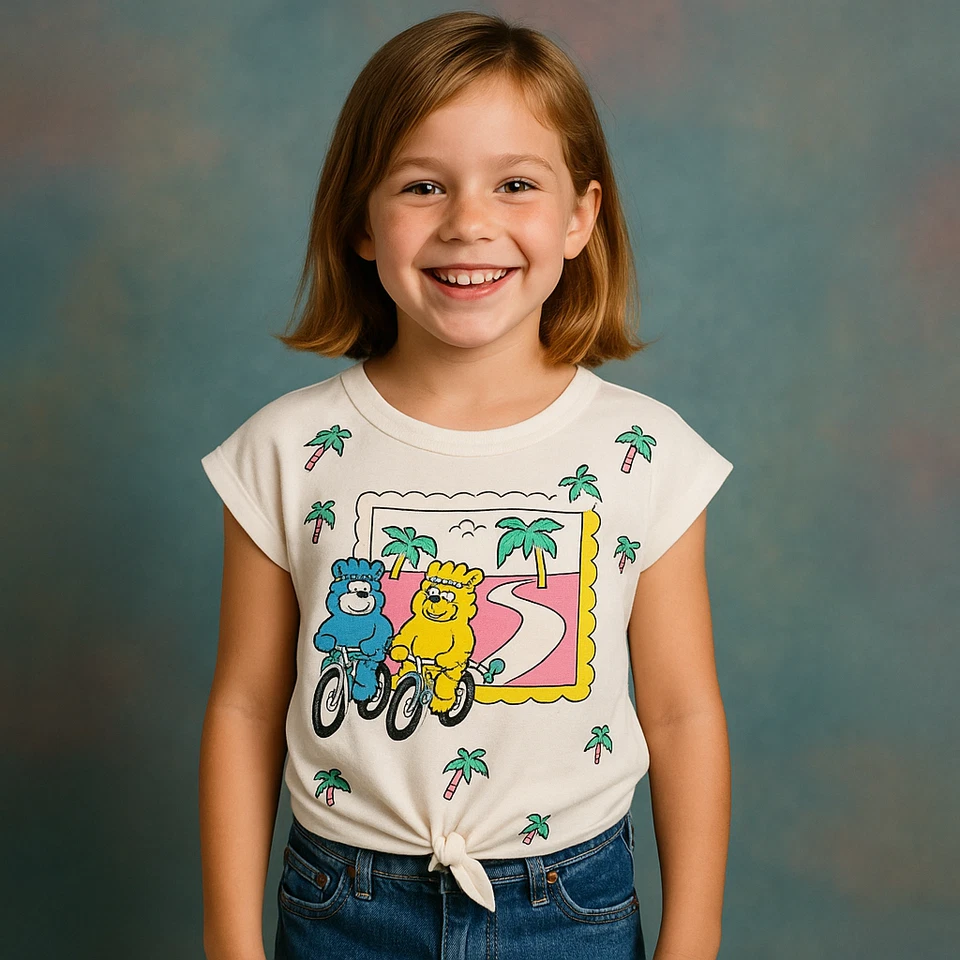 Camiseta De Colección Años 80 Juvenil Talla 8 Dibujos Animados Osos en Bicicletas Camiseta Gráfica de Verano Foto 1 de 4