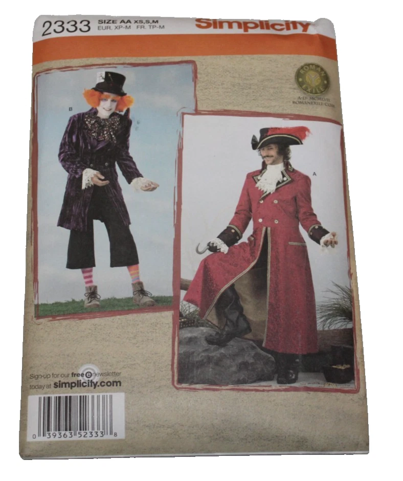 Simplicity Pattern 2333 Pirate Mad Hatter Captain Hook XS S M Uncut Sewing - Image 1 of 2