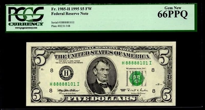 1995 $5 FRN ST. LOUIS. FR: 1985-H PCGS Graded: 66 PPQ LUCKY 5 CONSECUTIVE 8s S/N - Image 1 of 2