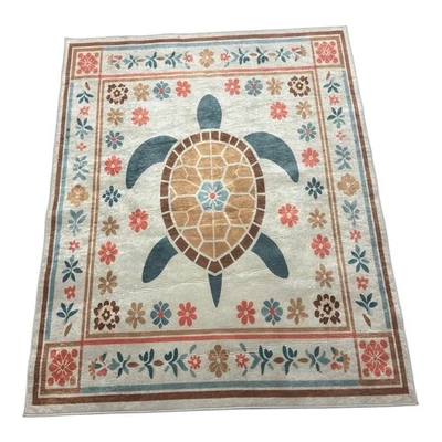 Turtle Area Rug Coastal Beach Floral Frame 5x4ft Nautical Boho Decor Accent - Image 1 of 4