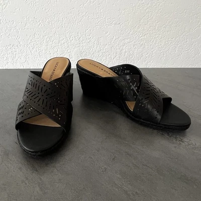 Sandalias de tacón con cuñas de cuero negras Lucky Brand Keela para mujer talla 8 Foto 1 de 4