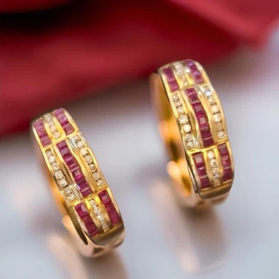 Ruby Diamond Earrings in 18ct Yellow Gold  1.70ct  Large Hoops Studs leverback - Image 1 of 4