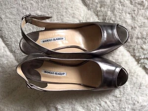 Manolo Blahnik Platinum Metallic Leather Slingback Open Toe Stilettos - Picture 1 of 11