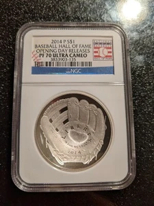 2014-P NGC PF-70 UC BASEBALL HALL OF FAME OPENING DAY RELEASE PROOF SILVER $1 - Picture 1 of 2