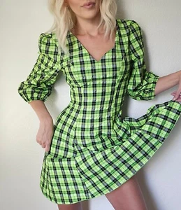 NWOT Gingham Checked Plaid Neon Green Black Retro Mini Party Punk Goth Dress S - Picture 1 of 4