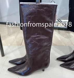 ZARA NEW WOMAN WIDE LEG KITTEN HEEL BOOTS PATEN EFFECT BURGUNDY RED 1006/410 - Picture 1 of 5