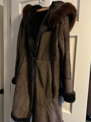 Abrigo largo Steve by Searle para mujer S marrón gamuza imitación piel de oveja con capucha vintage EE. UU. Foto 1 de 4