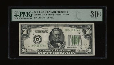 DBR 1928 $50 FRN San Francisco Numeral Fr. 2100-L PMG 30 EPQ Serial L00416874A - Image 1 of 2