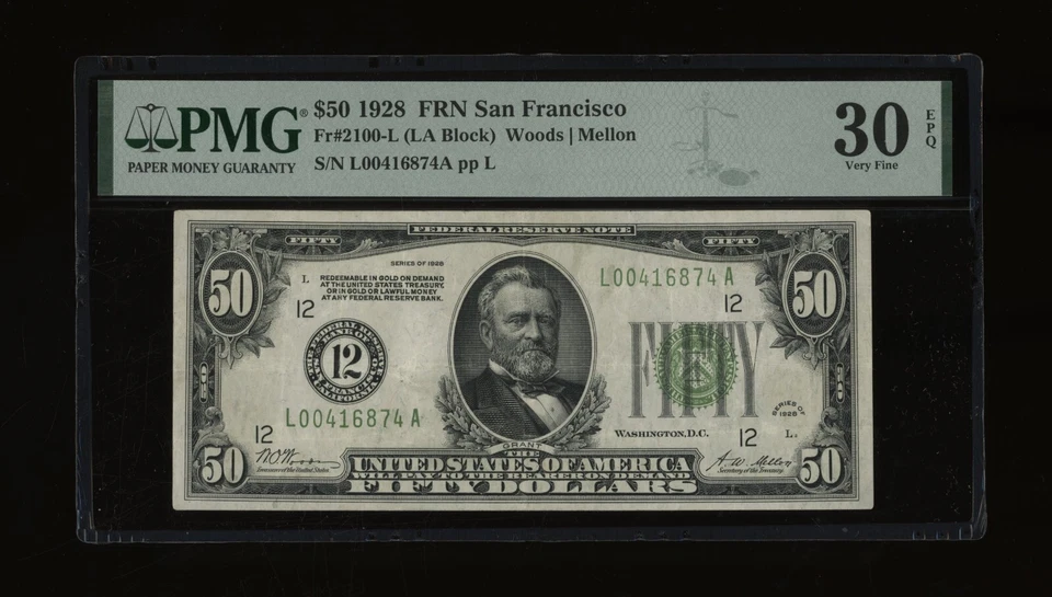 DBR 1928 $50 FRN San Francisco Numeral Fr. 2100-L PMG 30 EPQ Serial L00416874A - Image 1 of 2