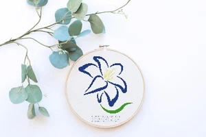 Blue Hibiscus Flower Counted Cross Stitch Pattern - Picture 1 of 3