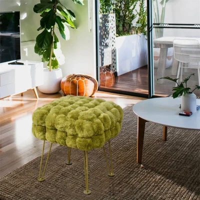 Handwoven Faux Fur Ottoman Footstool Soft Plush Pouf with Metal Legs Modern - Image 1 of 4