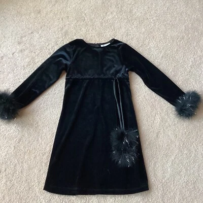 BONNIE JEAN HOLIDAY SEASON / PARTY DRESS 7, BLACK VELOUR, FAUX FUR, ZIP - Image 1 of 4