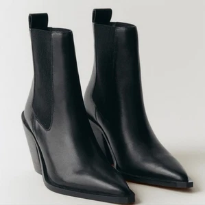 NEW! MANGO MNG Black Bovine Leather Western Cowboy Style Pull On Ankle Boot 7.5 - Picture 1 of 11