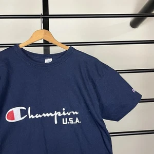 Vintage Champion Spellout T Shirt Mens XL Navy Blue 80s Made In USA Logo Blank - Picture 1 of 6