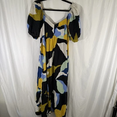 Vestido maxi feminino Nine West grande multicolorido manga curta gola quadrada manchado - Imagem 1 de 4