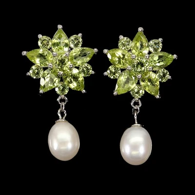 925 Sterling Silver Earrings Pear Peridot Mop Natural Gemstone Jewelry - Image 1 of 4