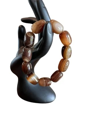 Vintage Brown Agate Barrel Beads Root Beer Gemstone Stretch Bracelet - Image 1 of 4