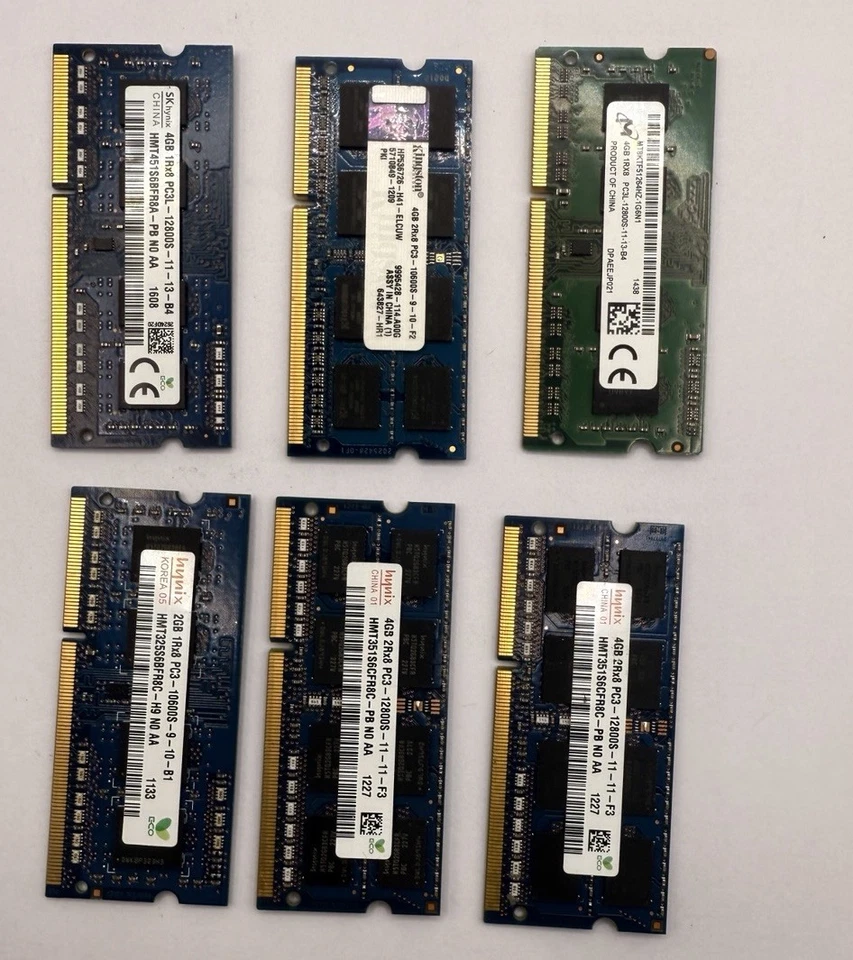 Lot of 6 Mixed 4GB DDR3/DDR3L PC3 PC3L 12800S Laptop RAM SO-DIMM 204-Pin - Image 1 of 1