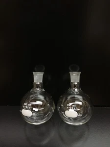 Pyrex Cat No 4321A Short Neck Round Bottom Taper Joint 14/20 100mL Lot 2 PCS - Picture 1 of 24