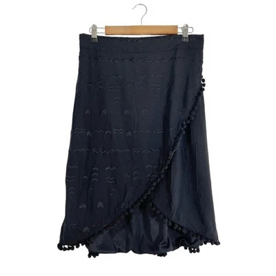 NWT Lane Bryant Black Faux Wrap Skirt Pom Pom Fringe Trim Size 14 Embroidered - Image 1 of 4