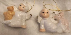 2- Vtg. Bone China Angel Ornaments w/ Woodland Creatures Gold Trim 2" - Picture 1 of 2