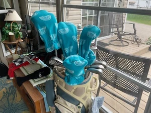 Set of 4 Golf headcovers,lined fleece, made by seller,teal w/white design NWOT#2 - Picture 1 of 2