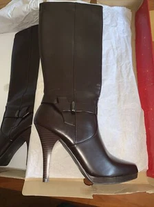 WORTHINGTON LEATHER TALL KNEE HIGH SLIM HEEL MECURY BROWN DRESS BOOTS 10M NWB BO - Picture 1 of 19