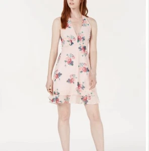 19 Cooper Pink Floral Sleeveless V-Neck Mini Dress Size Large NEW Textured Dot - Picture 1 of 12