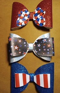 Fourth of July 4.5 inch 3 pack faux leather glitter hairbows - Picture 1 of 2