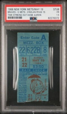 NOLAN RYAN K’s HANK AARON 1ST TIME EVER ROOKIE YEAR 1968 TICKET 5/19/68 POP1 PSA - Image 1 of 4