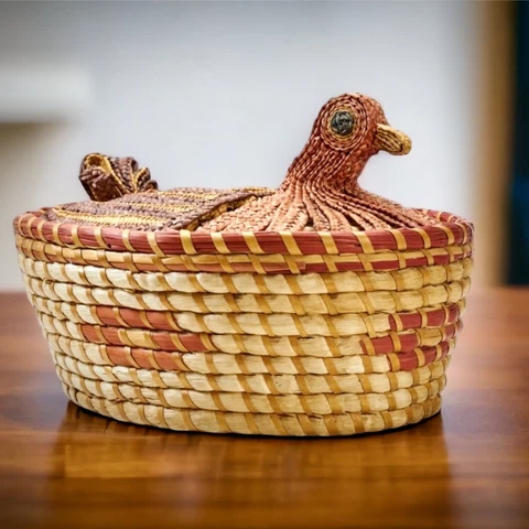 Vintage Rooster Chicken Bird Woven Wicker Basket Lid on Nest 8” Cover