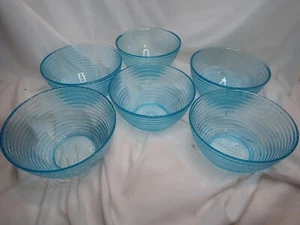 SET of 6 Ribbed Bark look Teal Blue Glass Embossed Bowls 5 3/4" across - Picture 1 of 6
