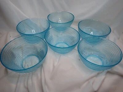 SET of 6 Ribbed Bark look Teal Blue Glass Embossed Bowls 5 3/4" across - Image 1 of 4