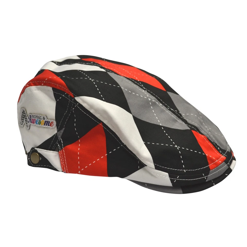 Royal and Awesome Golf Hat Mens Diamonds in the Rough Black Red Argyle Flat Cap