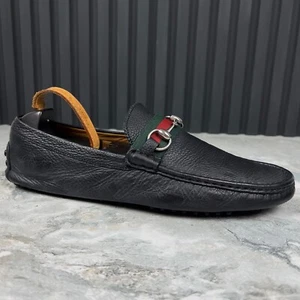 GUCCI Web Horsebit Driving Moccasins Grained Black Leather 10.5 G 11 US 44.5 EUR - Picture 1 of 12