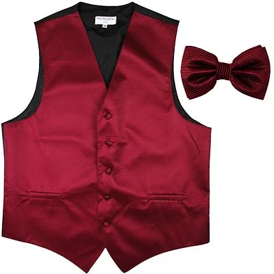 New men's tuxedo vest waistcoat + bowtie horizontal stripes prom burgundy formal - Image 1 of 3