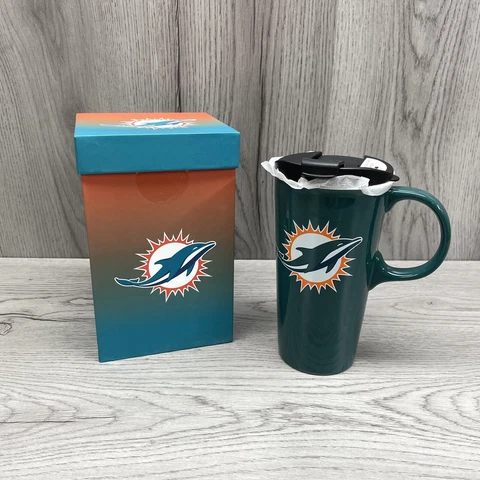 NFL Miami Dolphins Ceramic Tumbler Coffee Mug Travel 17oz New Open Box Cover