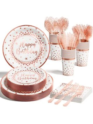 Rose Gold & White Party Supplies - 175PCS Happy Birthday Disposable Dinnerware - Image 1 of 4