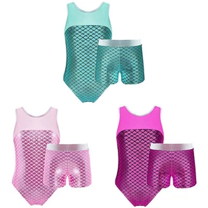 Girls Fish Scale Mermaid Print Ballet Dance Leotard with Booty Shorts Swimsuit - Picture 1 of 37