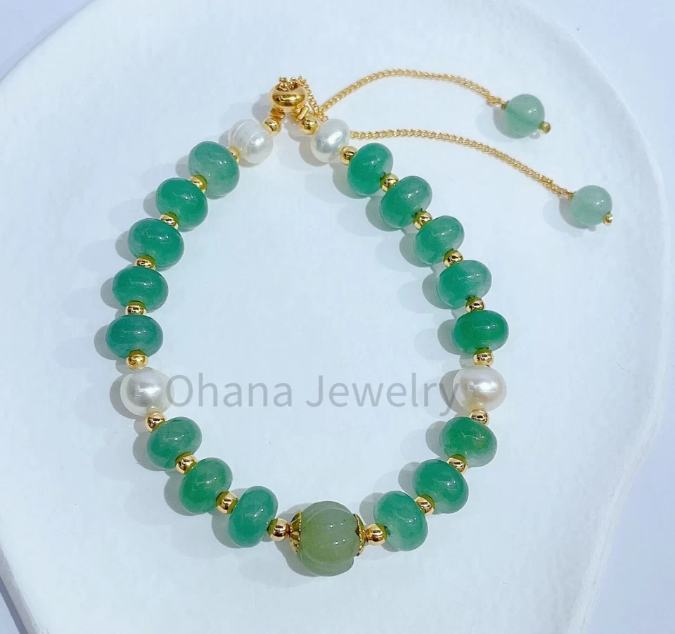 Pulsera de cobre ajustable con perlas de agua dulce de jade verde natural - cuentas de loto Foto 1 de 1