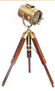 Antique Brass Finish Vintage Searchlight Nautical Brown Tripod Small Desk Lamp - Picture 1 of 5