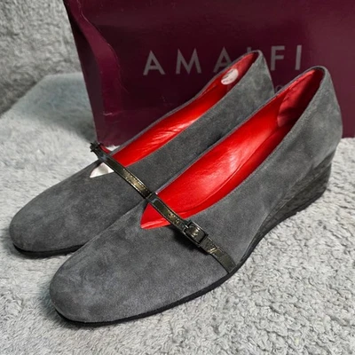 Mocassim Amalfi by Rangoni cinza couro camurça italiano mini salto cunha 10 NOVO - Imagem 1 de 4
