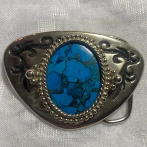 VINTAGE Southwestern Silver-Tone Belt Buckle w/ Large Turquoise Cabochon - Picture 1 of 15